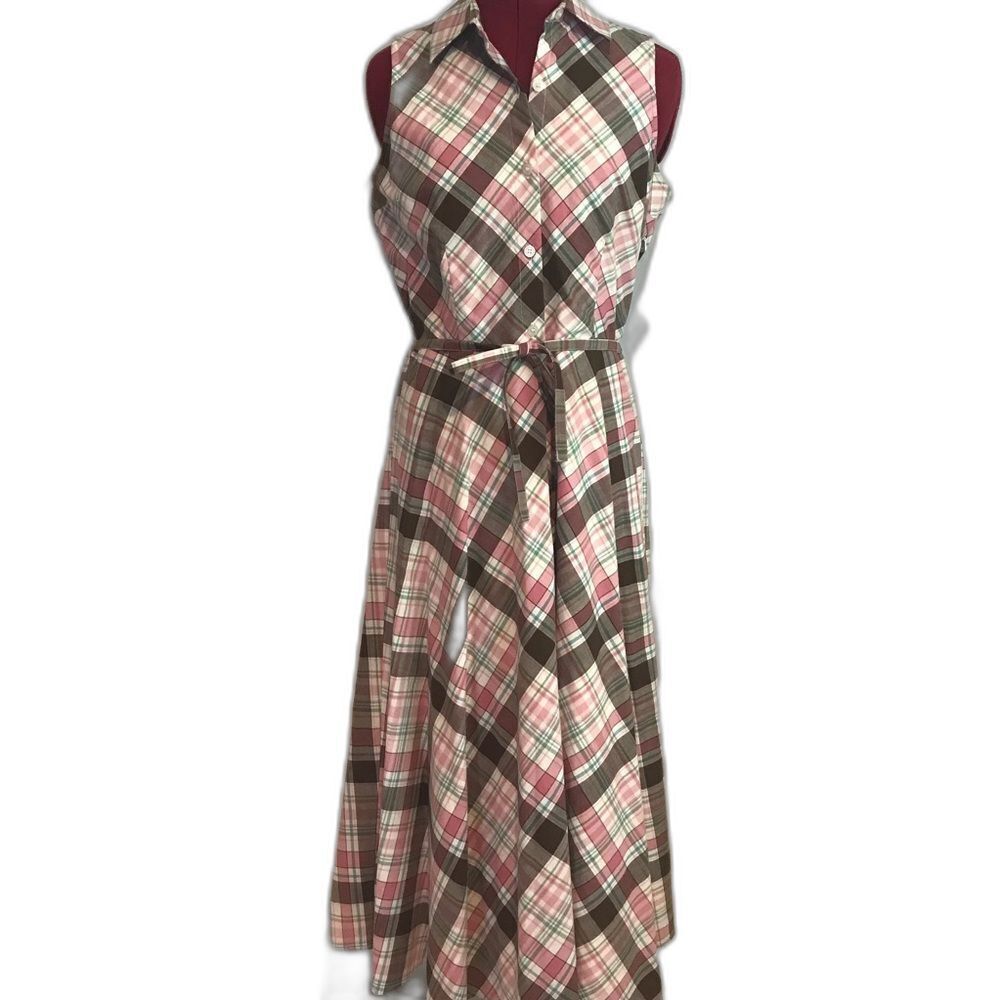 Duck Head Sleeveless Plaid Maxi Dress Women's Size 8 Pink & Brown Belted Cotton
